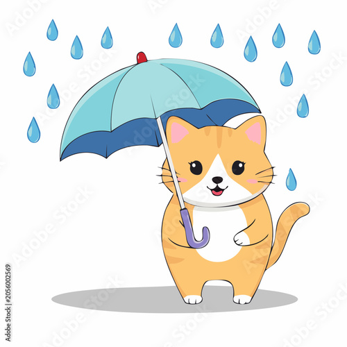 Cute Cat Holding Umbrella in Rain