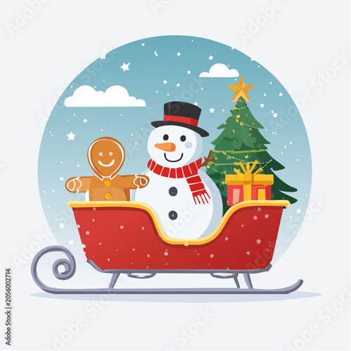 Snowman and Gingerbread Man in Sleigh with Christmas Tree