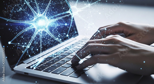 Hands Typing on Laptop with Vibrant Digital Neural Network Illuminating Workspace