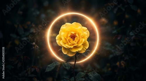 Vibrant yellow flower surrounded by glowing ring in dark background.