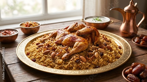 Traditional Arabian chicken kabsa or mandi served with spiced rice, nuts, and traditional sides
