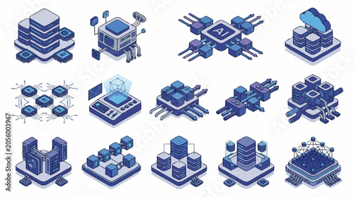 Isometric illustrations of abstract digital technology and data processing concepts.