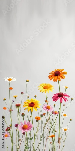 Whimsical wildflowers dance across a subtle gray background, botanical, decor
