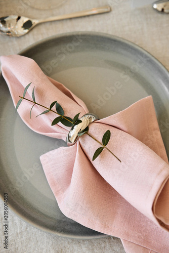Pink linen napkin with silver ring on ceramic plate