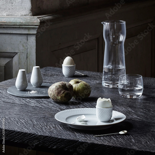 Rustic Breakfast Table with Eggs and Glass Carafe