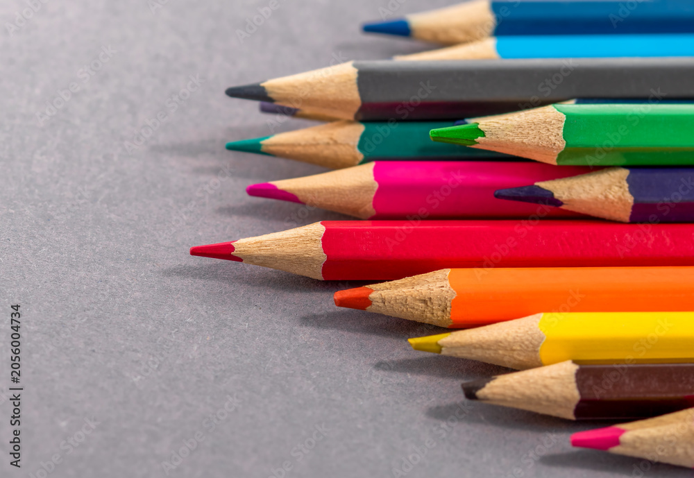Obraz premium Colorful wooden pencils row on a grey paper background