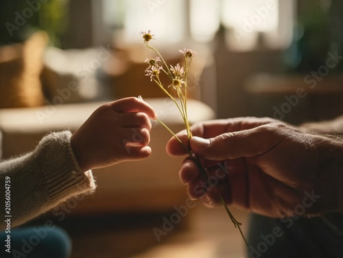 Child Giving Wildflowers to Father in Warm Sunlit Home, Tender Father's Day Moment of Love and Gratitude