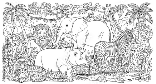 Canvas Print Jungle animals coloring page for kids