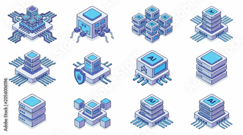 Collection of isometric icons representing artificial intelligence and data processing technology.