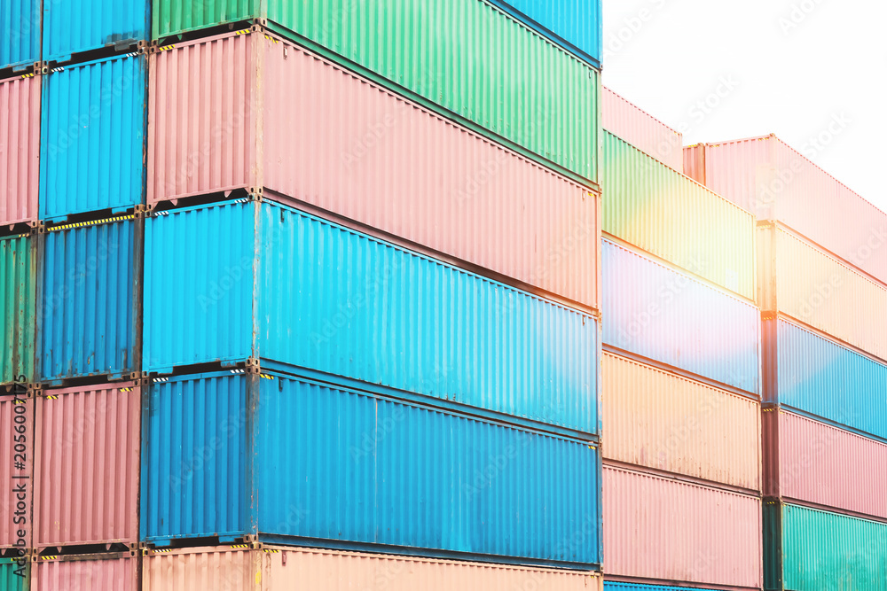 Fototapeta premium Shipping Cargo Containers. Container Terminal at Warehouse Port. Logistics Transportation Industry. Container ships, Global Business Shipping Import-Export. Logistics Warehouse Transportation. 