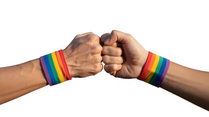 LGBTQ pride fist bump with rainbow wristbands, diverse hands in solidarity gesture for gay rights and equality, colorful pride month celebration concept, human rights support on white background.