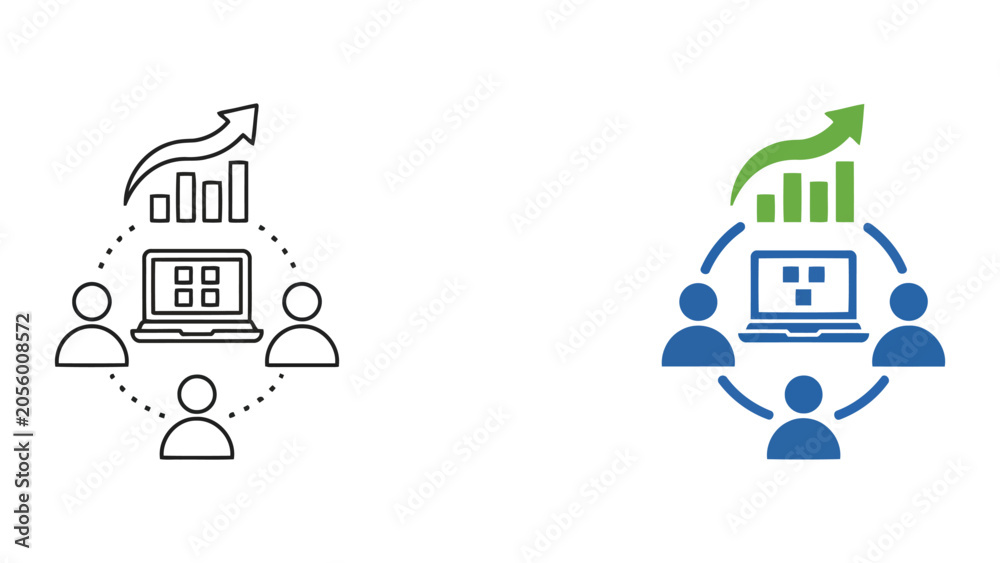 Naklejka premium Business team analytics growth and dashboard monitoring vector icon set for digital marketing and performance reporting