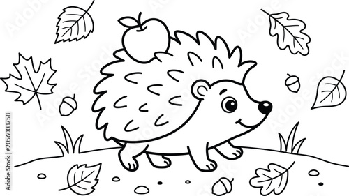 Adorable hedgehog with apple coloring page for kids and adults autumn fall theme illustration