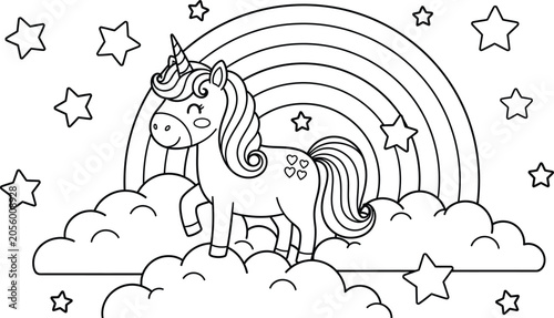 Unicorn and rainbow coloring page for kids printable activity book illustration fantasy theme