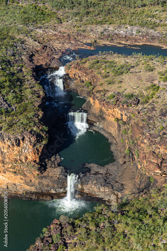 Aerial view of the  Mitchell River as it decends from the Mitchell Plateau in the Mitchell River National Park.