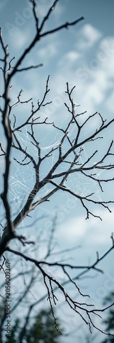 Cobweb-covered branches stretch towards sky like skeletal fingers, dark, old