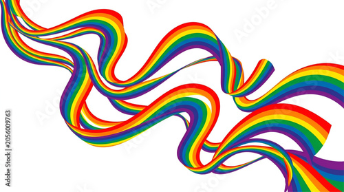 Rainbow ribbons flow and curve across white background creating abstract wave pattern