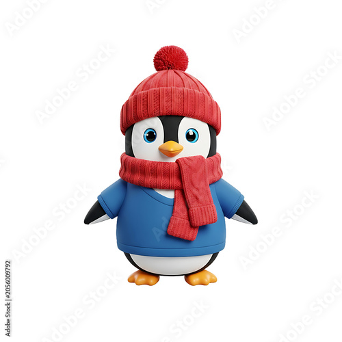 Cute Little Penguin Wearing A Red Knit Hat And Scarf With Blue Sweater Isolated On White Background
