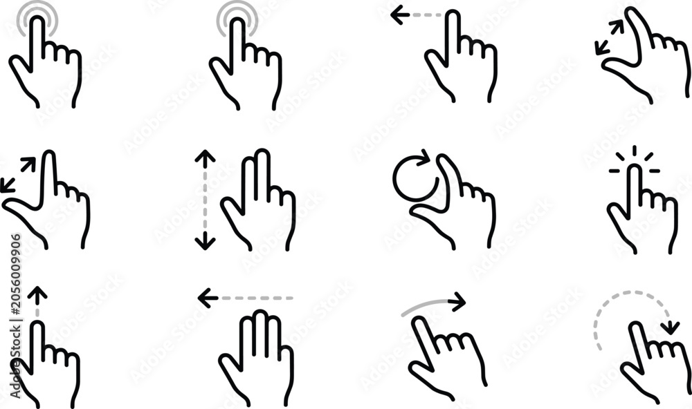 Fototapeta premium Touch screen hand gestures line art icon set vector featuring tap swipe pinch zoom scroll isolated on white background