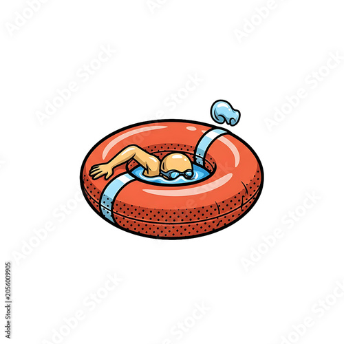 Pixel Art Illustration Of A Person Swimming Inside An Orange Life Buoy Isolated On White Background