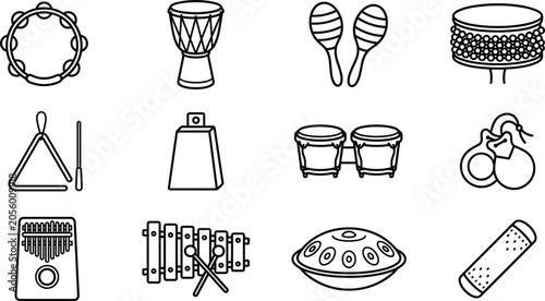 Canvas Print Percussion musical instruments line art icon set vector with drums tambourine ma