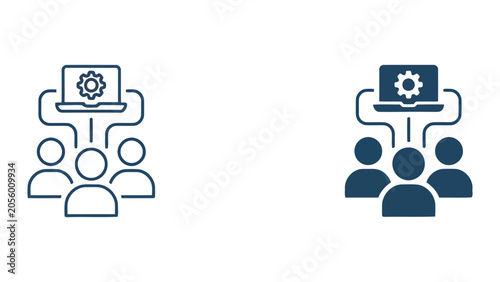 Technical team collaboration and software development management icon with laptop and gear symbol for IT operations and business workflow vector