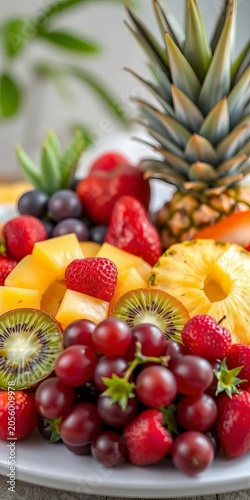 Fresh fruit platter with grapes, strawberries, pineapple, and kiwi, office, presentation.
