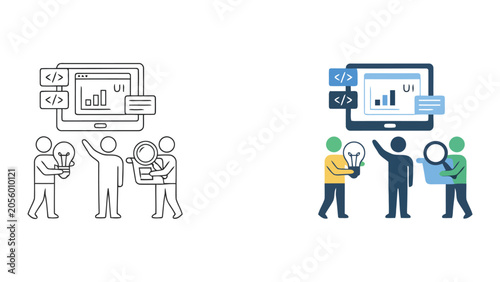 Web development team working on user interface design with coding symbols and digital analytics dashboard icons for software engineering and UI UX research vector illustration