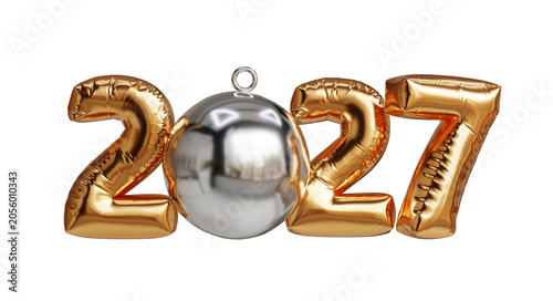 Photos 3D Gold Foil Balloon Numbers 2027 with Reflective Metallic Silver Ornament Spher