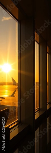 Golden light streaming through airport window, sky, clouds