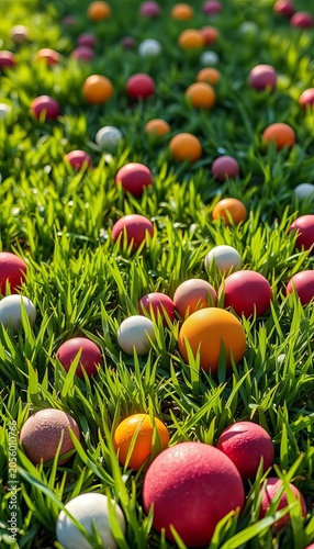 Lush green grass with scattered balls of various shapes and sizes, balls, turf