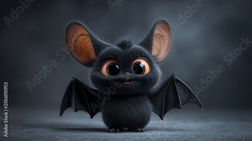 Adorable cartoon bat character with large expressive eyes and fluffy fur isolated on black background. Fantasy animal illustration featuring a cute flying bat with wings. Perfect for Halloween theme.