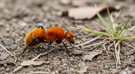 A detailed macro photography shot of a vibrant, fuzzy orange and black velvet ant, also known as a cow killer, crawling on dry, textured soil.