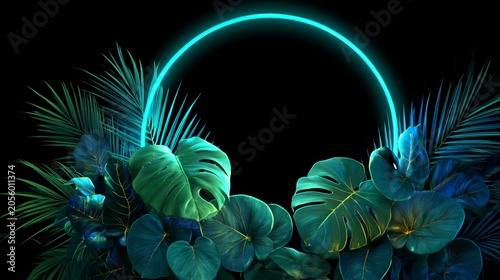 Abstract tropical composition with glowing neon ring surrounded by lush botanical foliage. Modern luxury background with vibrant lighting effect.