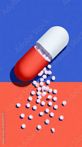Medical illustration of a capsule opening and releasing pills, tablets and pharmaceutical particles into the air. Modern healthcare, medicine, pharmacy and drug treatment with futuristic design.