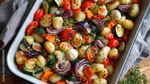 Roasted gnocchi and colorful vegetables on a baking sheet, traybake with cherry tomatoes, zucchini, bell peppers and fresh basil leaves, healthy vegetarian dinner concept.