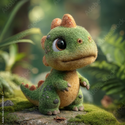 Cute Baby Dinosaur Character in Forest Environment. Cute fantasy creature with big eyes, textured skin and friendly expression.