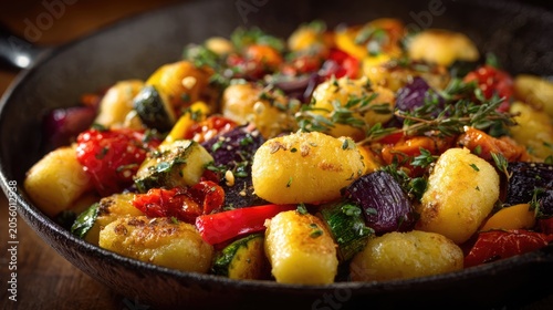 Roasted gnocchi and colorful vegetables on a baking sheet, traybake with cherry tomatoes, zucchini, bell peppers and fresh basil leaves, healthy vegetarian dinner concept.