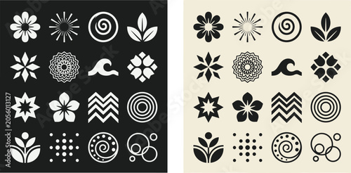 Obraz na płótnie Japanese Mon Symbol Icon Set with Abstract Nature Elements Flowers Leaves Sun Wa