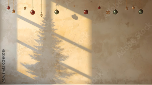 Minimalist Christmas Tree Shadow on Textured Wall with Hanging Ornaments