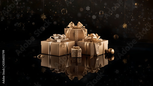 Luxury Christmas Gift Boxes with Gold Ribbons on Elegant Dark Reflective Background