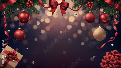 Festive Christmas Background Border with Fir Branches Red Ornaments and Gift Box