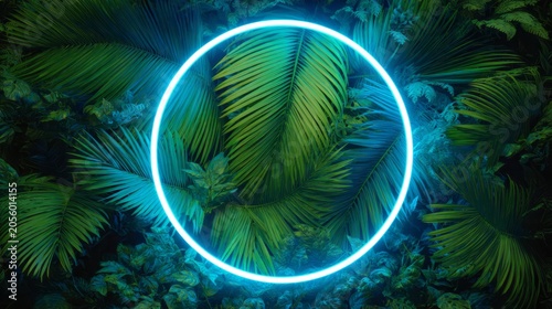 Abstract tropical composition with glowing neon ring surrounded by lush botanical foliage. Modern luxury background with vibrant lighting effect.