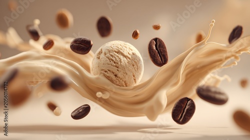  Dynamic 3D render illustration of a beige coffee ice cream scoop levitating with a realistic creamy milk wave splash and floating roasted coffee beans. Minimalist studio background with clean, profes