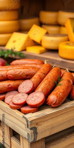 Sausages arranged on wooden crate, cheese wheels in background, meat counter, cheese board