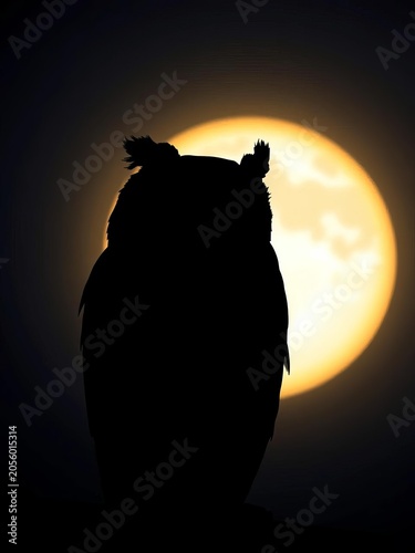 Silhouette of an owl against a moonlit night sky, forest, clouds