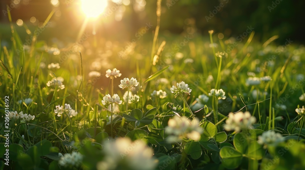 Obraz premium A beautiful scenic view of a wild flower meadow illuminated by the warm golden light of a summer sunset. Picturesque nature landscape background filled with blooming flora during evening dusk.