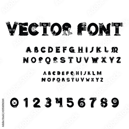 Cute monster vector font set with alphabet letters and numbers
