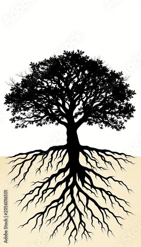 Vector illustration of a tree silhouette with intricate roots and natural texture, perfect for environmental designs, nature-inspired artwork, or eco-friendly branding, illustration, green