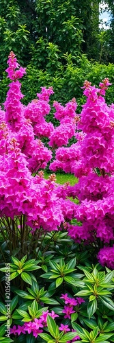 Vibrant floral garden with pink and purple blooming trees surrounded by lush green leaves, decorative, isolated